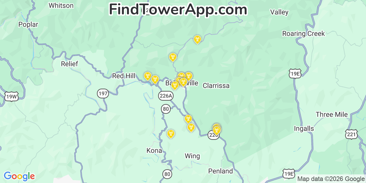 Map showing the 20 primary cell tower locations detected in Bakersville, North Carolina from AT&T, Verizon, and T-Mobile networks