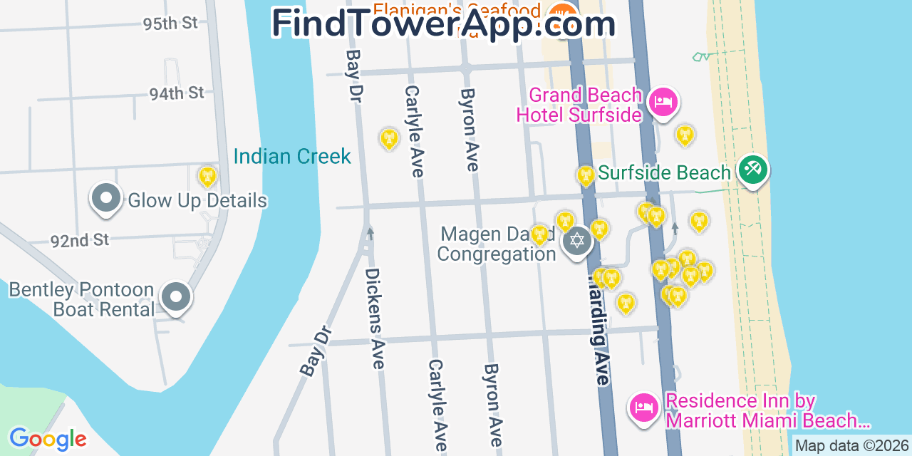 Map showing the 20 primary cell tower locations detected in Bal Harbour, Florida from AT&T, Verizon, and T-Mobile networks