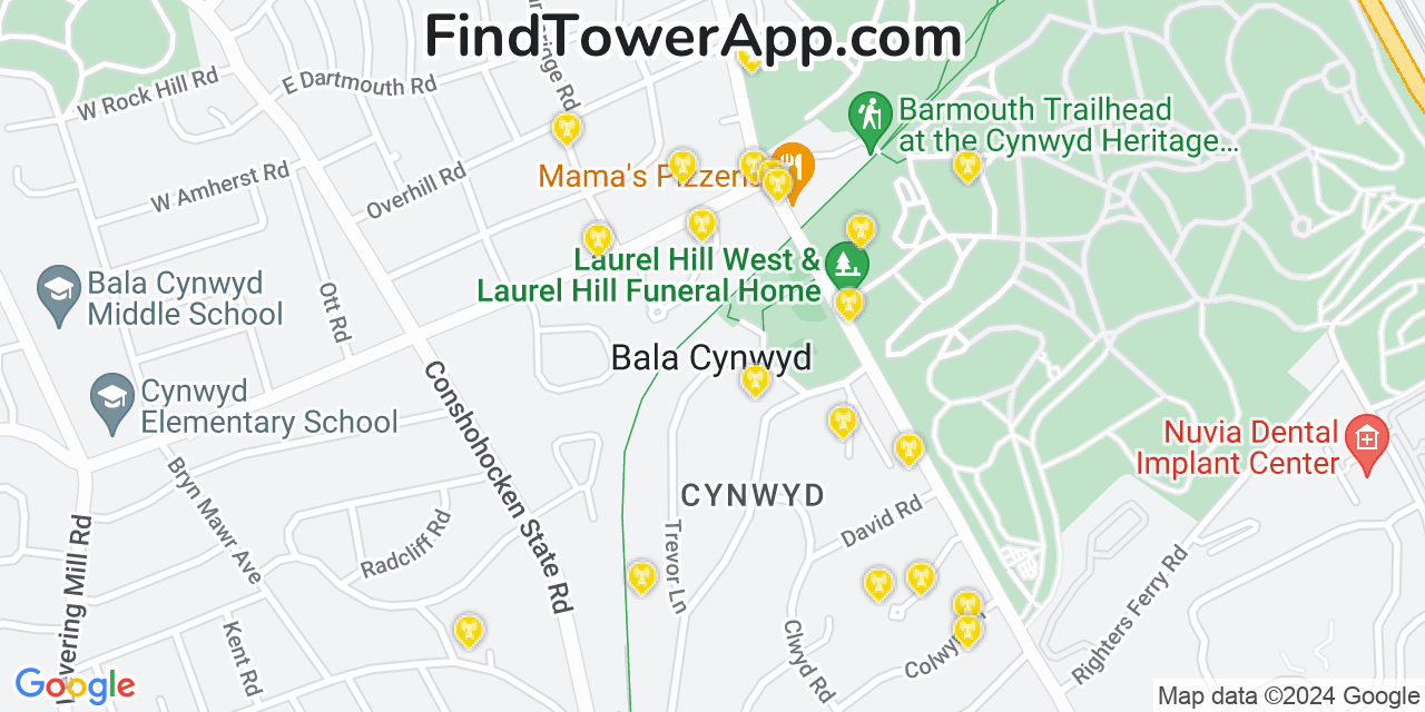 AT&T 4G/5G cell tower coverage map Bala Cynwyd, Pennsylvania