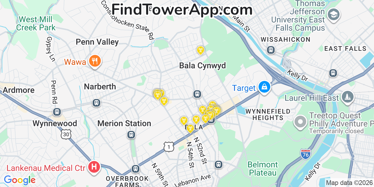 Map showing the 20 primary cell tower locations detected in Bala Cynwyd, Pennsylvania from AT&T, Verizon, and T-Mobile networks