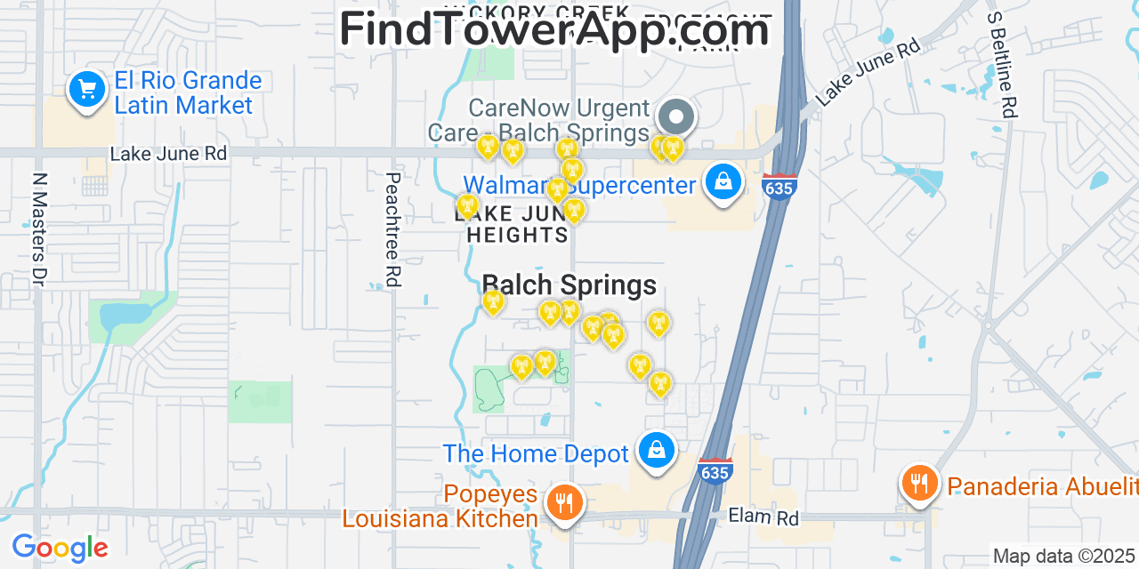 Map showing the 20 primary cell tower locations detected in Balch Springs, Texas from AT&T, Verizon, and T-Mobile networks
