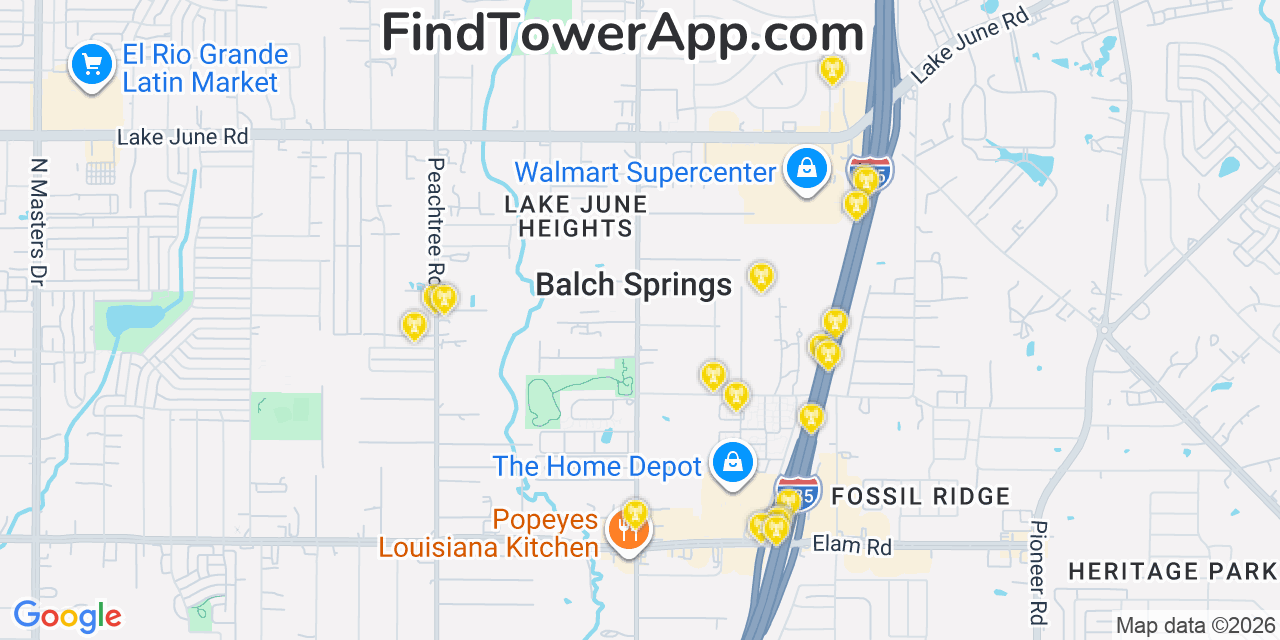 Map showing the 20 primary cell tower locations detected in Balch Springs, Texas from AT&T, Verizon, and T-Mobile networks