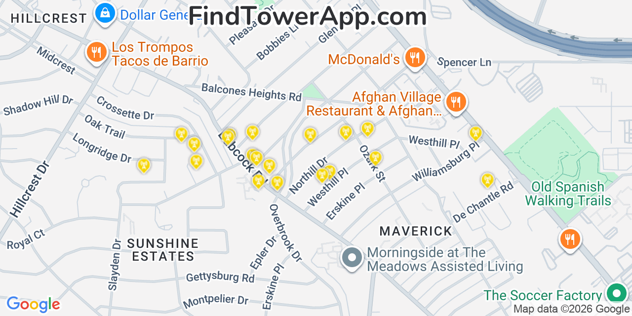 Map showing the 20 primary cell tower locations detected in Balcones Heights, Texas from AT&T, Verizon, and T-Mobile networks