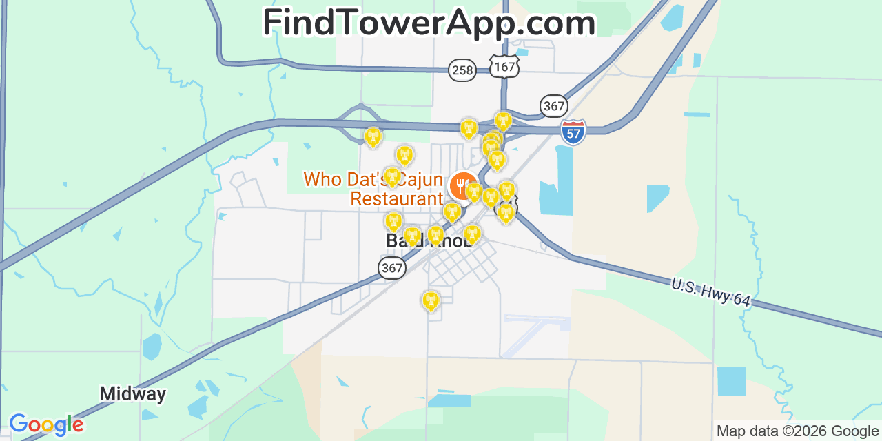 Map showing the 20 primary cell tower locations detected in Bald Knob, Arkansas from AT&T, Verizon, and T-Mobile networks