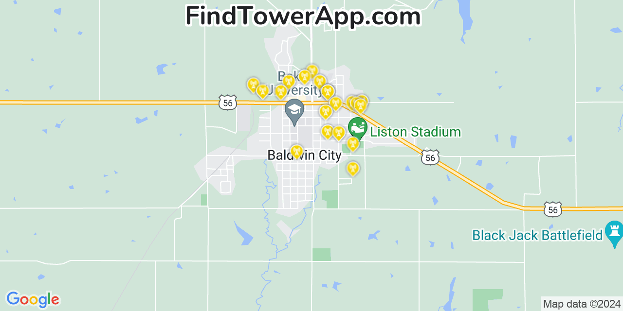 AT&T 4G/5G cell tower coverage map Baldwin City, Kansas