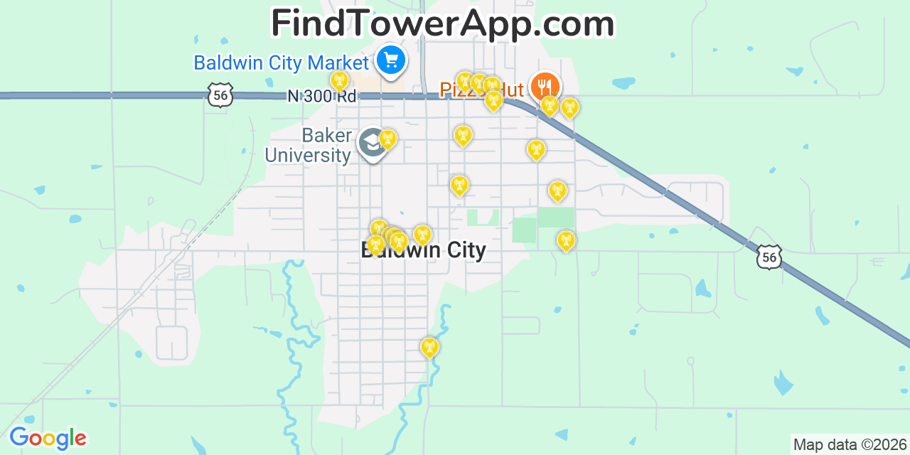 Map showing the 20 primary cell tower locations detected in Baldwin City, Kansas from AT&T, Verizon, and T-Mobile networks