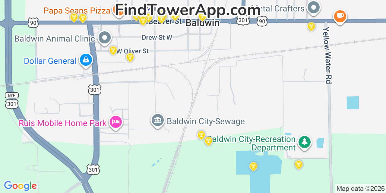 Map showing the 20 primary cell tower locations detected in Baldwin, Florida from AT&T, Verizon, and T-Mobile networks