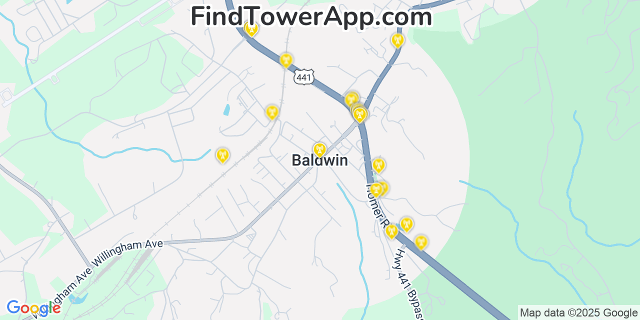 Map showing the 20 primary cell tower locations detected in Baldwin, Georgia from AT&T, Verizon, and T-Mobile networks