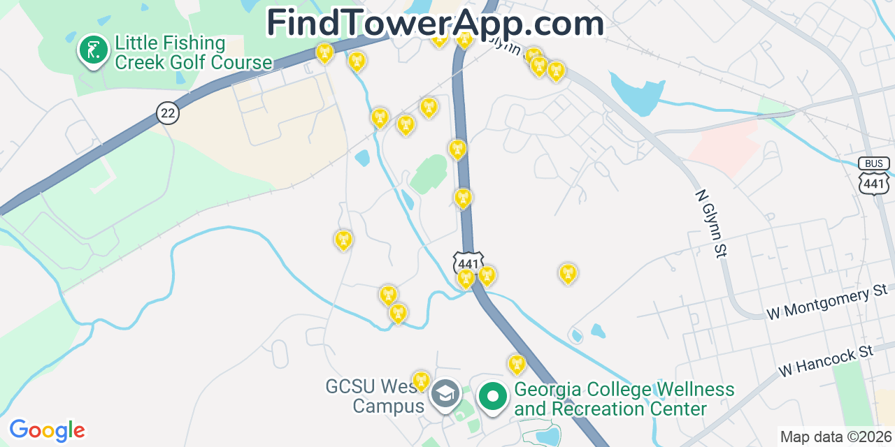 Map showing the 20 primary cell tower locations detected in Baldwin, Georgia from AT&T, Verizon, and T-Mobile networks