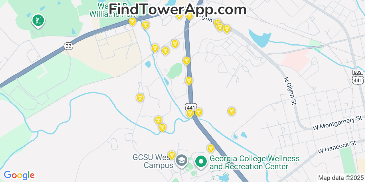 Map showing the 20 primary Mobitel cell tower locations detected in Baldwin, Georgia with coverage radius and signal strength indicators