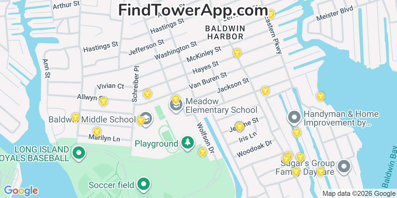 Map showing the 20 primary cell tower locations detected in Baldwin Harbor, New York from AT&T, Verizon, and T-Mobile networks