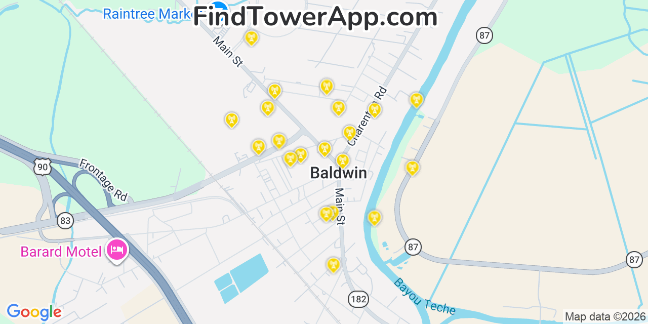 Map showing the 20 primary cell tower locations detected in Baldwin, Louisiana from AT&T, Verizon, and T-Mobile networks