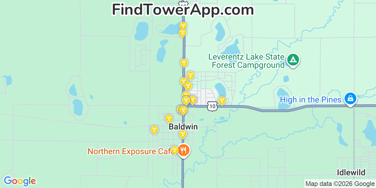 Map showing the 20 primary cell tower locations detected in Baldwin, Michigan from AT&T, Verizon, and T-Mobile networks