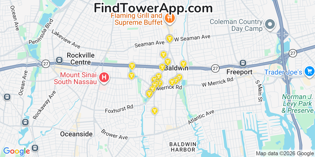 Map showing the 20 primary cell tower locations detected in Baldwin, New York from AT&T, Verizon, and T-Mobile networks