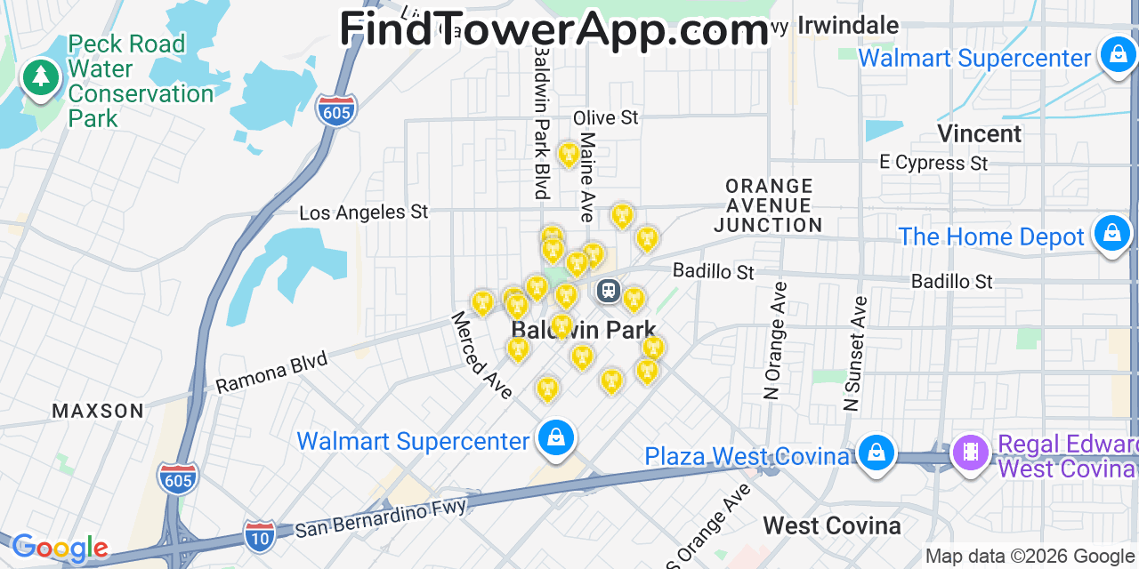 Map showing the 20 primary cell tower locations detected in Baldwin Park, California from AT&T, Verizon, and T-Mobile networks
