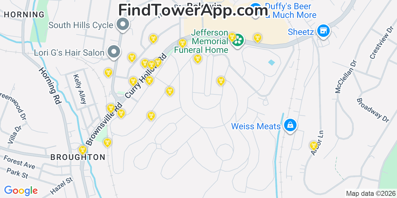 Map showing the 20 primary cell tower locations detected in Baldwin, Pennsylvania from AT&T, Verizon, and T-Mobile networks