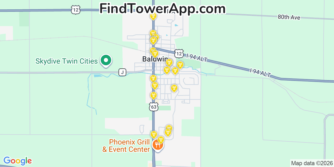 Map showing the 20 primary cell tower locations detected in Baldwin, Wisconsin from AT&T, Verizon, and T-Mobile networks