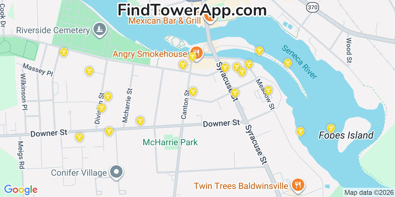 Map showing the 20 primary cell tower locations detected in Baldwinsville, New York from AT&T, Verizon, and T-Mobile networks