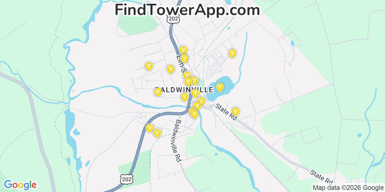 Map showing the 20 primary cell tower locations detected in Baldwinville, Massachusetts from AT&T, Verizon, and T-Mobile networks