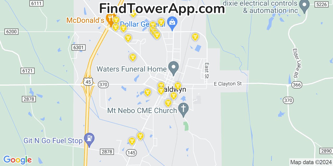 AT&T 4G/5G cell tower coverage map Baldwyn, Mississippi