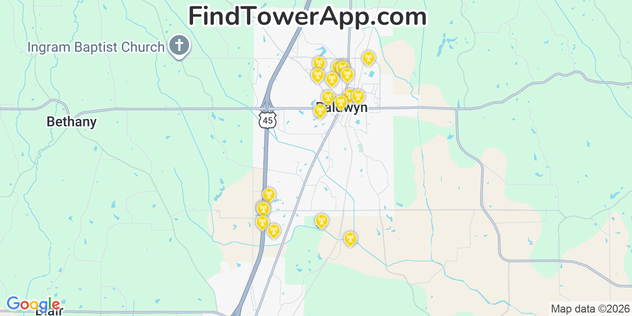 Map showing the 20 primary cell tower locations detected in Baldwyn, Mississippi from AT&T, Verizon, and T-Mobile networks