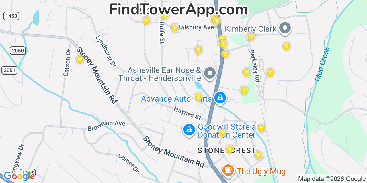 Map showing the 20 primary cell tower locations detected in Balfour, North Carolina from AT&T, Verizon, and T-Mobile networks