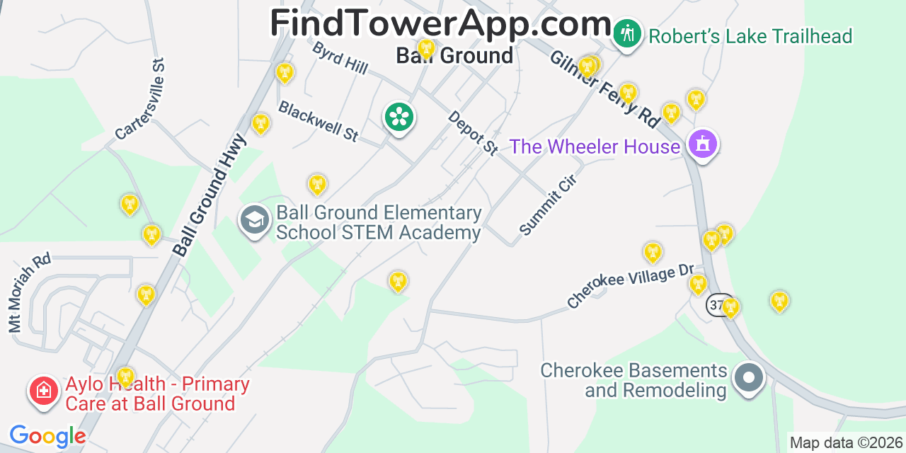 Map showing the 20 primary cell tower locations detected in Ball Ground, Georgia from AT&T, Verizon, and T-Mobile networks