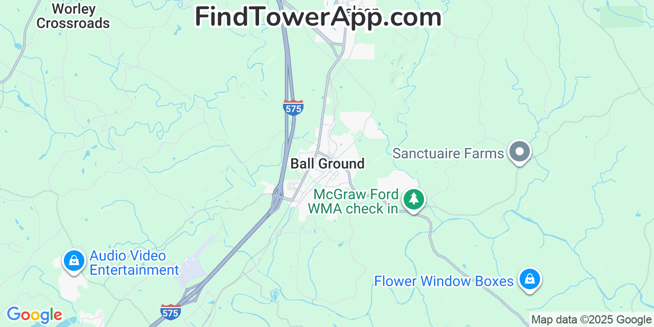 Map showing the 20 primary Mobitel cell tower locations detected in Ball Ground, Georgia with coverage radius and signal strength indicators