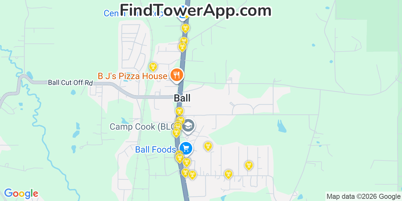 Map showing the 20 primary cell tower locations detected in Ball, Louisiana from AT&T, Verizon, and T-Mobile networks
