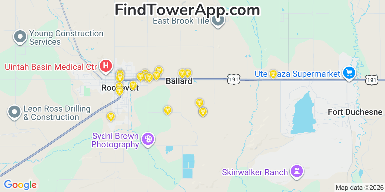 Map showing the 20 primary cell tower locations detected in Ballard, Utah from AT&T, Verizon, and T-Mobile networks