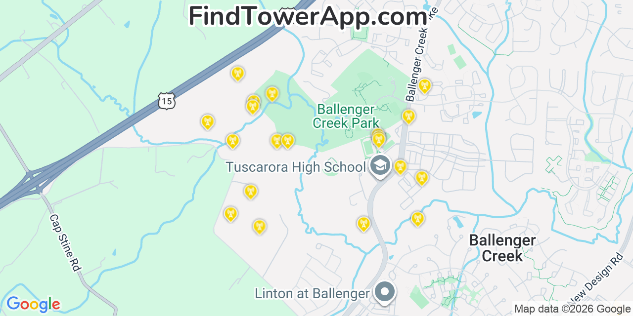 Map showing the 20 primary cell tower locations detected in Ballenger Creek, Maryland from AT&T, Verizon, and T-Mobile networks