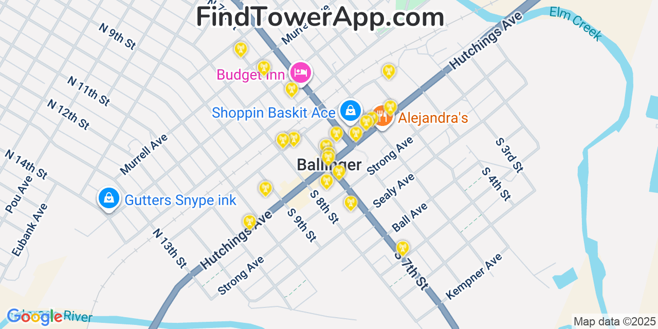 Map showing the 20 primary cell tower locations detected in Ballinger, Texas from AT&T, Verizon, and T-Mobile networks