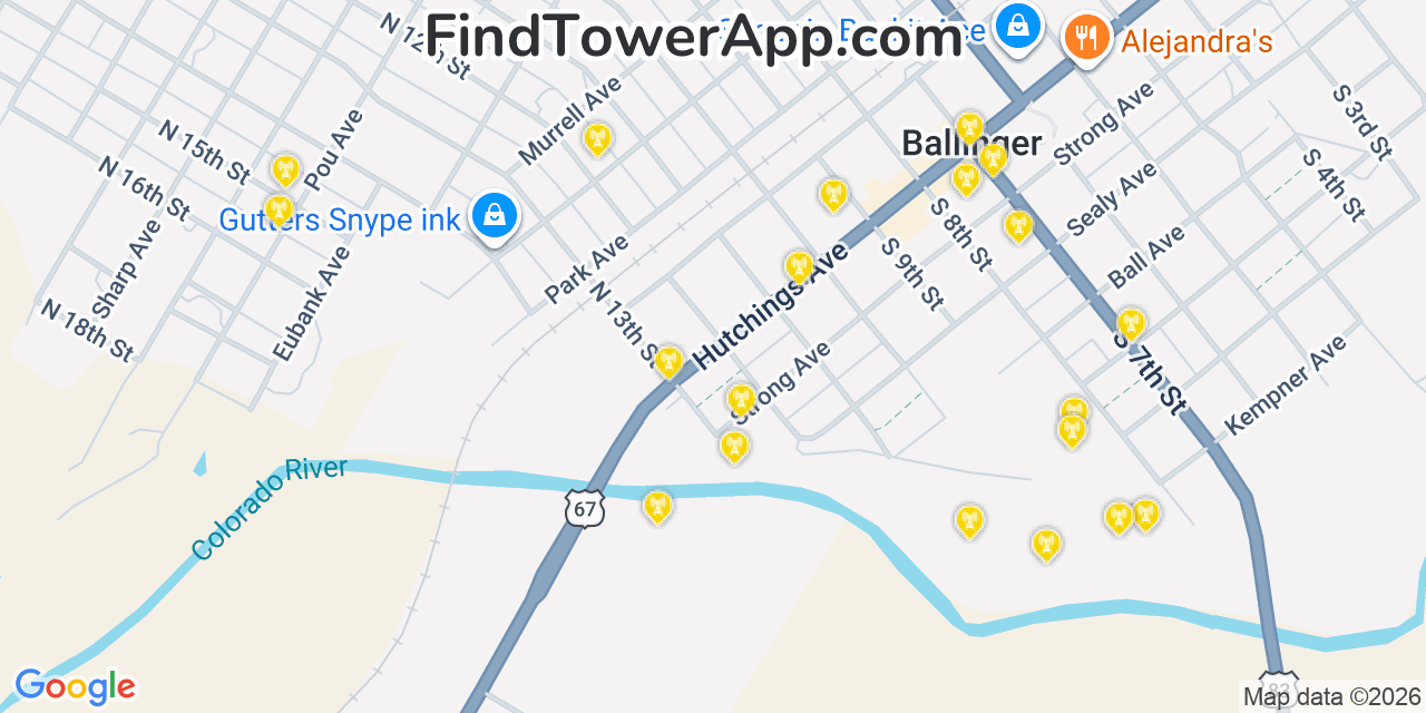 Map showing the 20 primary cell tower locations detected in Ballinger, Texas from AT&T, Verizon, and T-Mobile networks