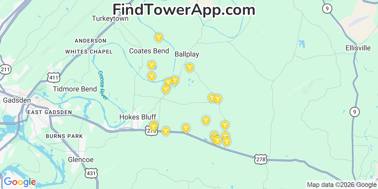 Map showing the 20 primary cell tower locations detected in Ballplay, Alabama from AT&T, Verizon, and T-Mobile networks