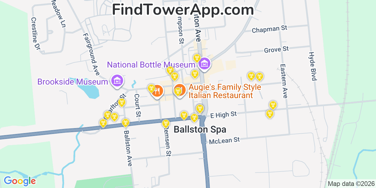 Map showing the 20 primary cell tower locations detected in Ballston Spa, New York from AT&T, Verizon, and T-Mobile networks