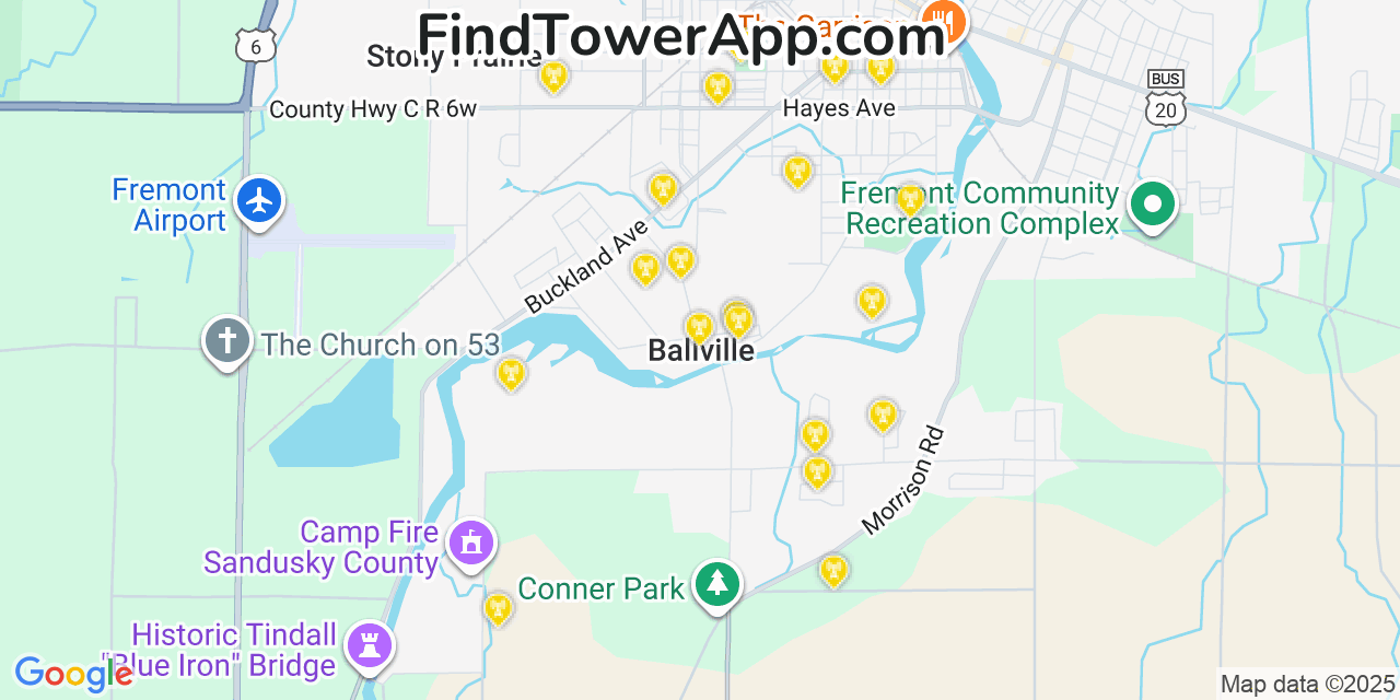 Map showing the 20 primary cell tower locations detected in Ballville, Ohio from AT&T, Verizon, and T-Mobile networks