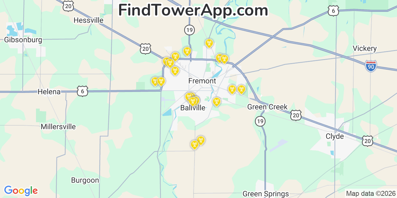 Map showing the 20 primary cell tower locations detected in Ballville, Ohio from AT&T, Verizon, and T-Mobile networks