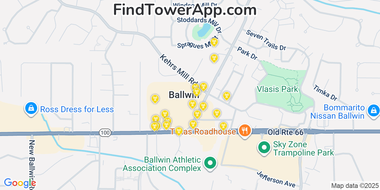 Map showing the 20 primary cell tower locations detected in Ballwin, Missouri from AT&T, Verizon, and T-Mobile networks