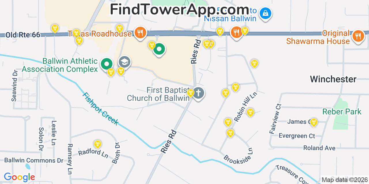 Map showing the 20 primary cell tower locations detected in Ballwin, Missouri from AT&T, Verizon, and T-Mobile networks