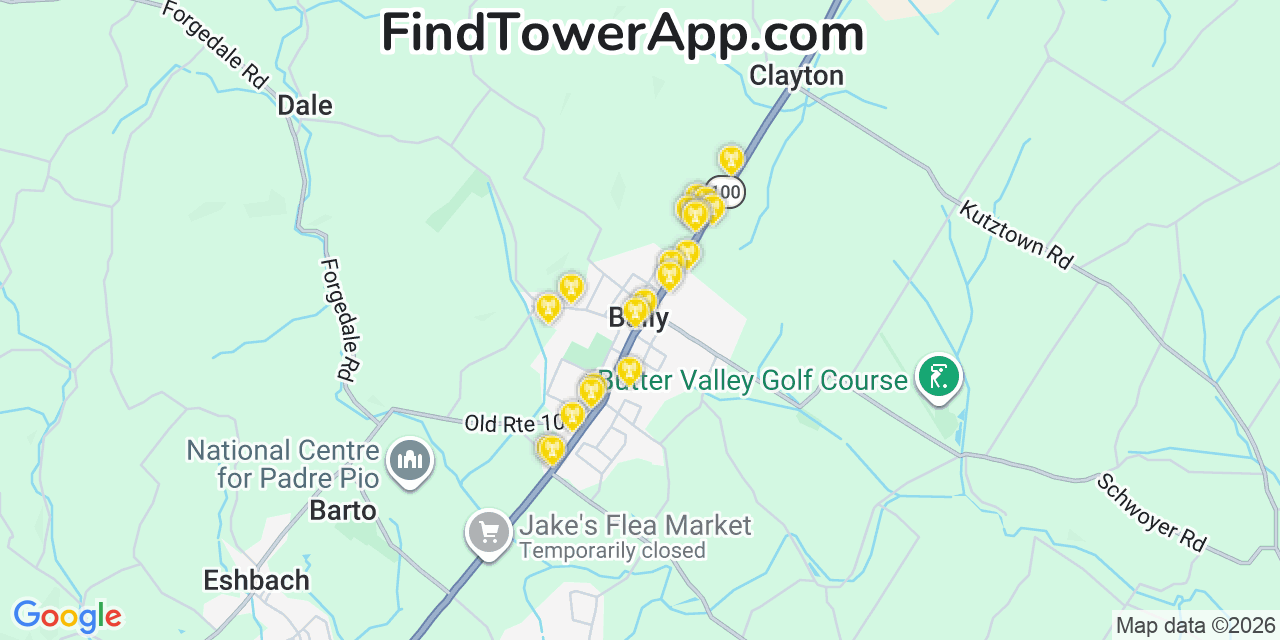 Map showing the 20 primary cell tower locations detected in Bally, Pennsylvania from AT&T, Verizon, and T-Mobile networks