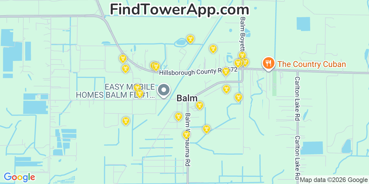 Map showing the 20 primary cell tower locations detected in Balm, Florida from AT&T, Verizon, and T-Mobile networks