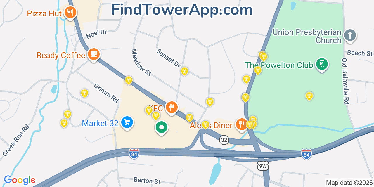 Map showing the 20 primary cell tower locations detected in Balmville, New York from AT&T, Verizon, and T-Mobile networks