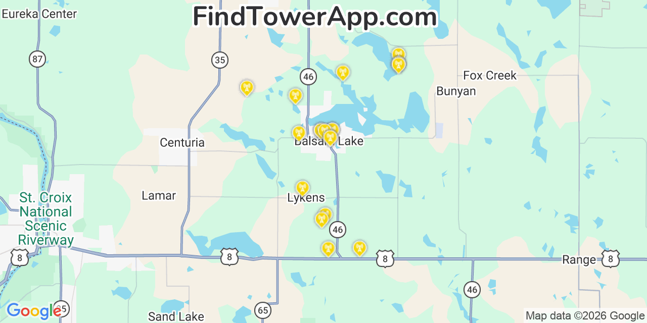 Map showing the 20 primary cell tower locations detected in Balsam Lake, Wisconsin from AT&T, Verizon, and T-Mobile networks