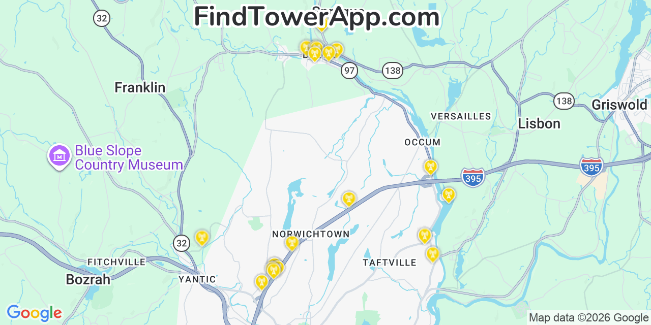 Map showing the 20 primary cell tower locations detected in Baltic, Connecticut from AT&T, Verizon, and T-Mobile networks