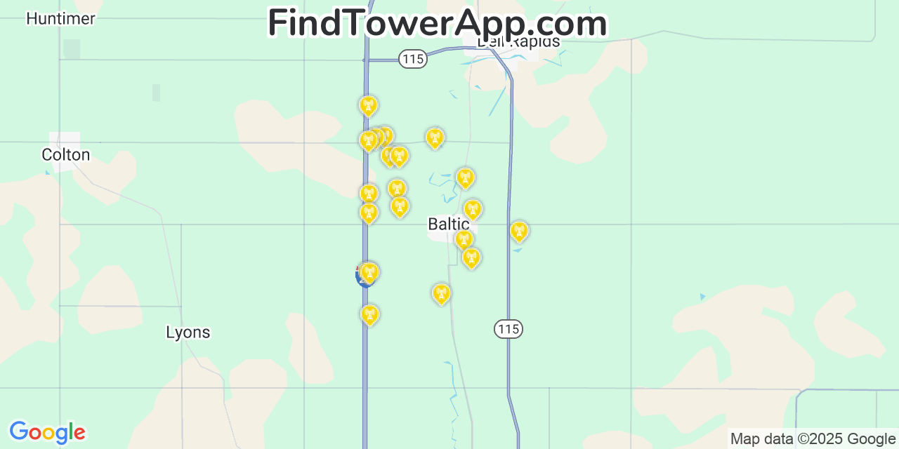 Map showing the 20 primary cell tower locations detected in Baltic, South Dakota from AT&T, Verizon, and T-Mobile networks