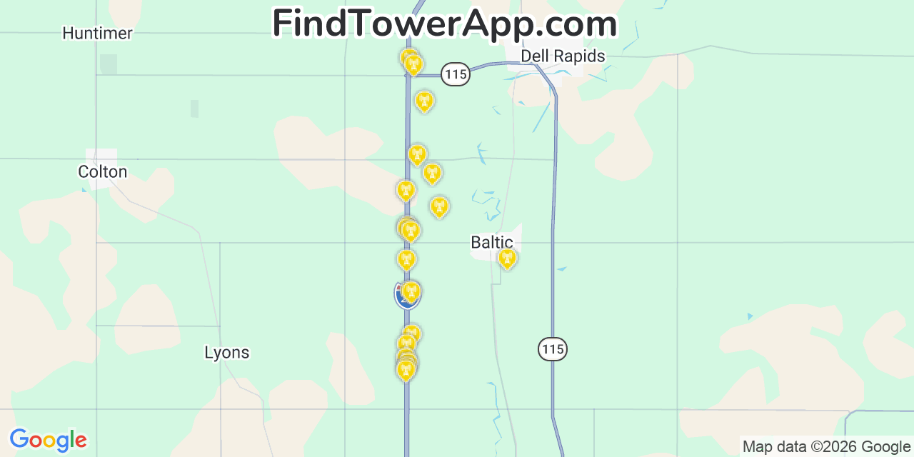 Map showing the 20 primary cell tower locations detected in Baltic, South Dakota from AT&T, Verizon, and T-Mobile networks
