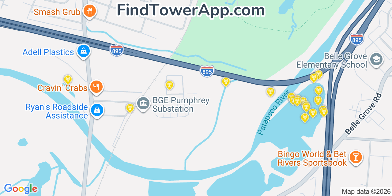 Map showing the 20 primary cell tower locations detected in Baltimore Highlands, Maryland from AT&T, Verizon, and T-Mobile networks
