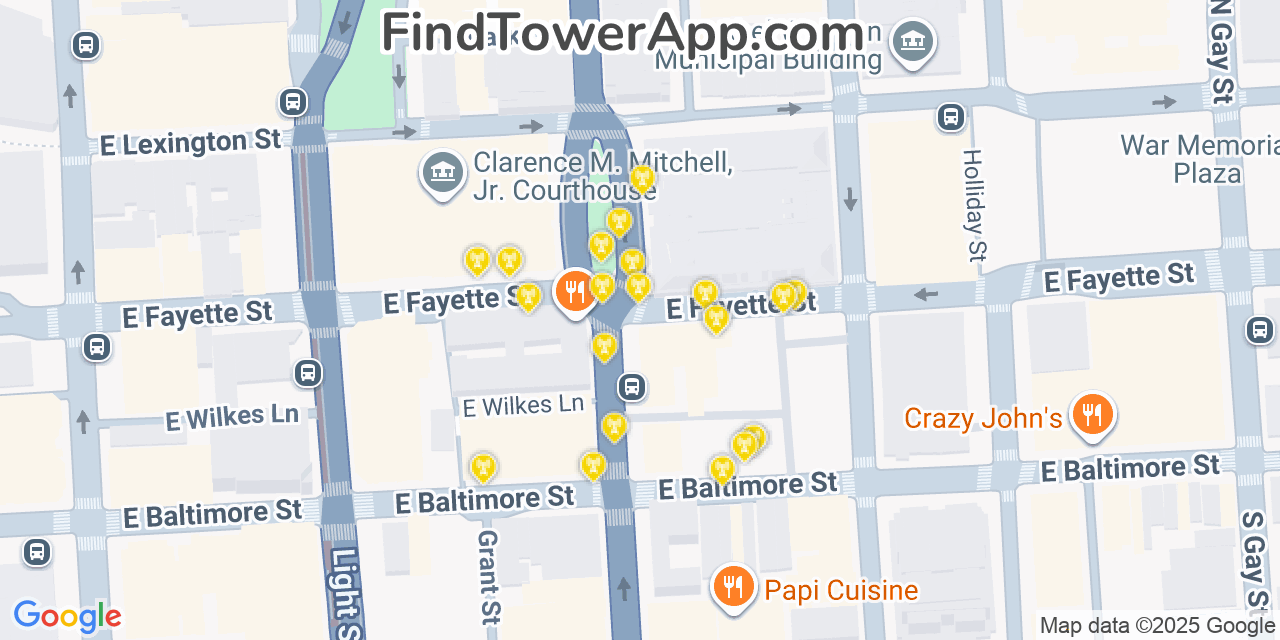 Map showing the 20 primary cell tower locations detected in Baltimore, Maryland from AT&T, Verizon, and T-Mobile networks