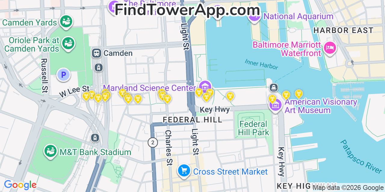 Map showing the 20 primary cell tower locations detected in Baltimore, Maryland from AT&T, Verizon, and T-Mobile networks