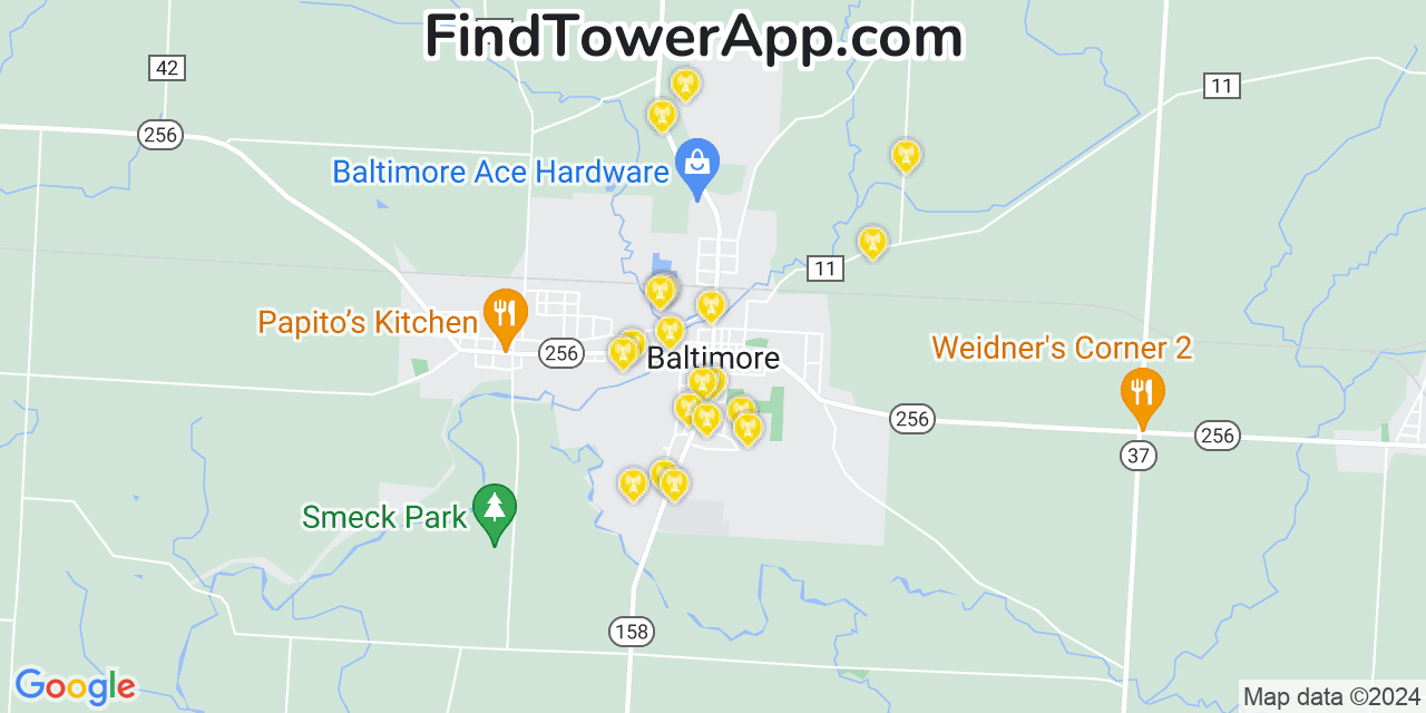 AT&T 4G/5G cell tower coverage map Baltimore, Ohio